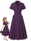Robe violet foncé rayures fines col chemise et ceinture années 40