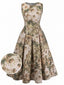 Robe verte motif floral botanique coupe évasée années 50