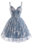 Robe bleue tulle brodé motifs floraux coupe trapèze et décolleté cœur années 1930