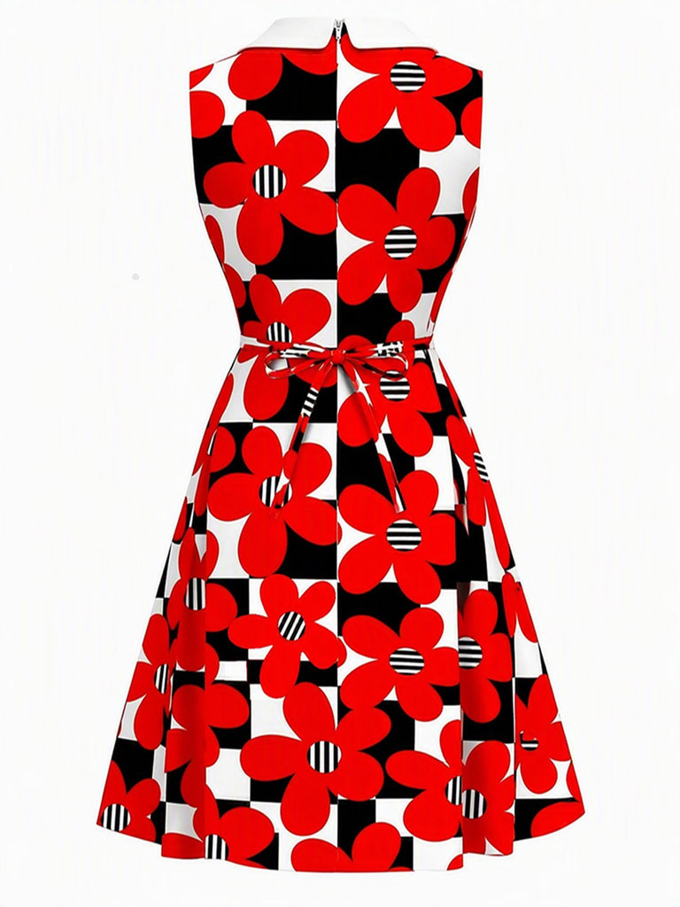 Robe Mod à Carreaux Floral avec Nœud Rouge Années 1960