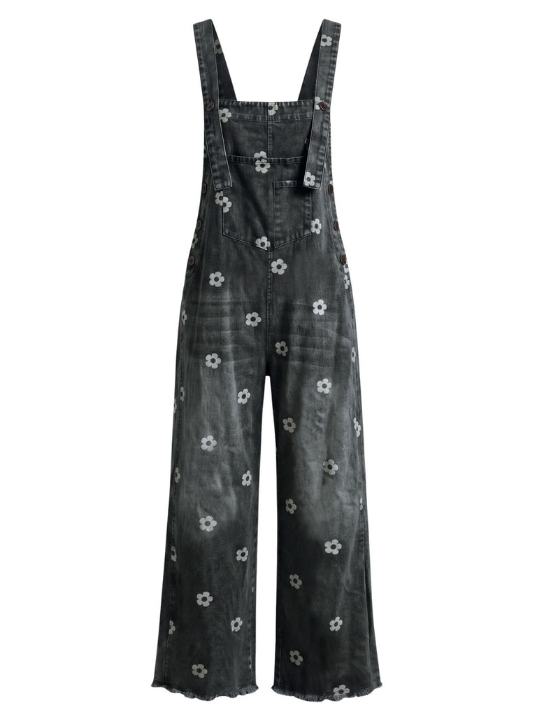 Salopette verte à Jambes Larges Florale Denim Années 1940