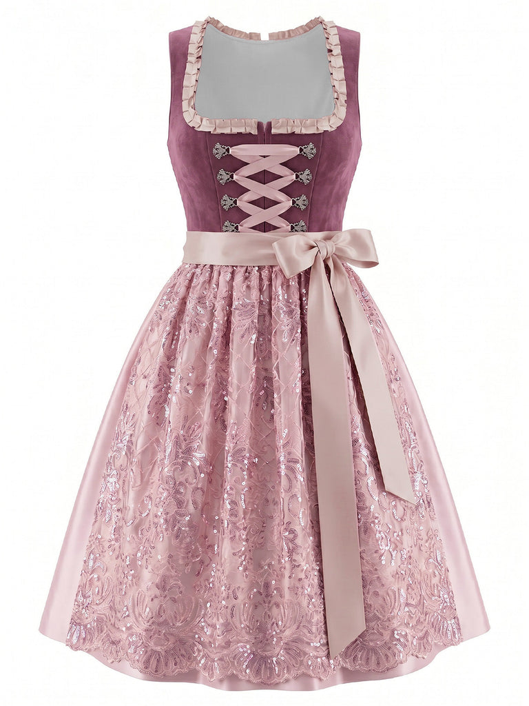 Robe Florale Rose Foncé Col Carré avec Tablier Pailleté Années 1950