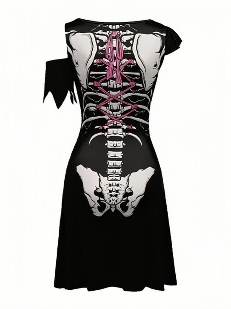 Robe d’Halloween à imprimé squelette et coupe évasée années 1940