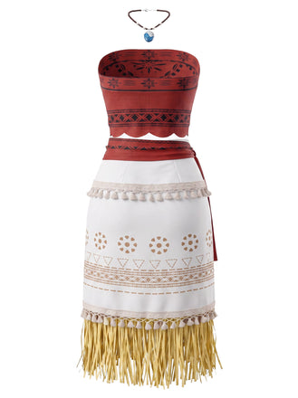 Ensemble costume tribal rouge foncé à franges inspiré de Moana années 1970