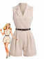 Combishort Beige Ceinturé Sans Manches à Revers Années 1960