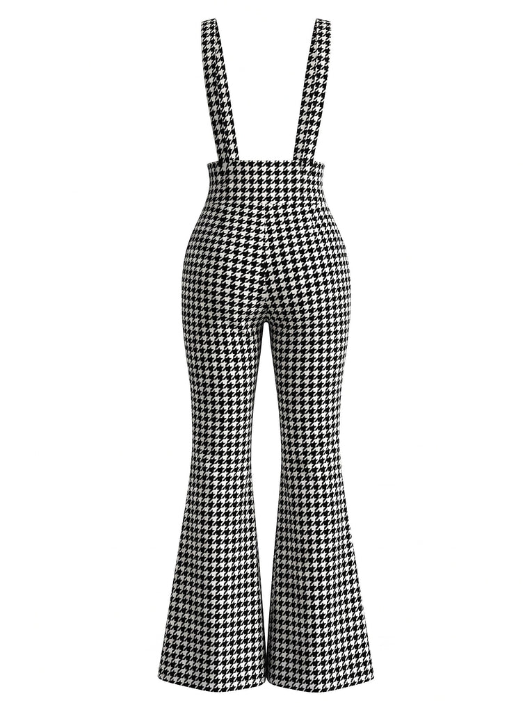 Combinaison salopette évasée noire et blanche à motif pied-de-poule années 1960