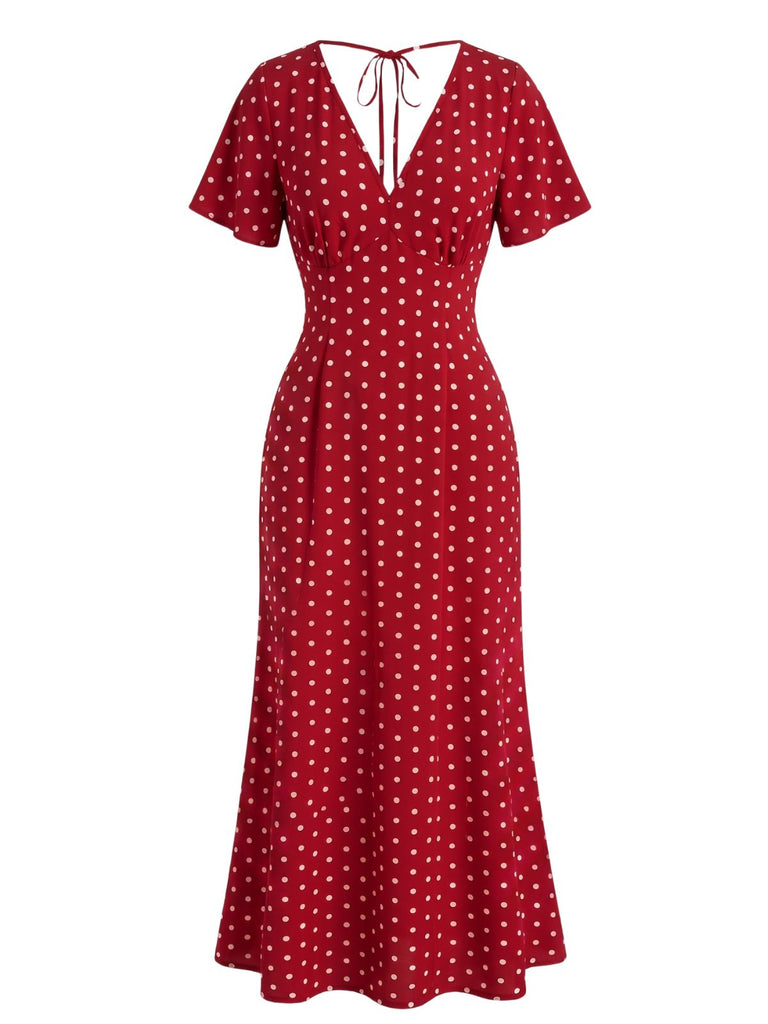 Robe Longue Sirène à Pois Col V Manches Papillon Années 1930 2