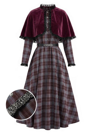 [Prévente] Robe à bordure carreaux et ceinture avec cape rouge années 1940