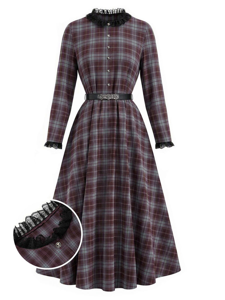 [Prévente] Robe à bordure carreaux et ceinture avec cape rouge années 1940