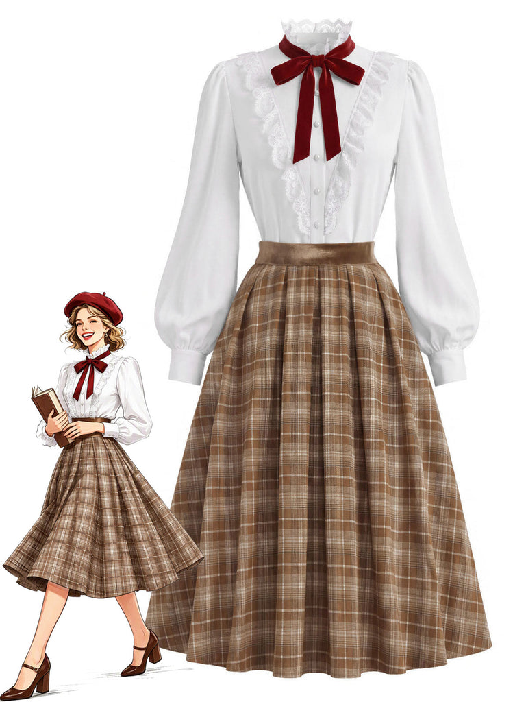 [Prévente] Ensemble 2PCS blouse blanche en dentelle à col volanté et jupe marron plissée à carreaux années 1940