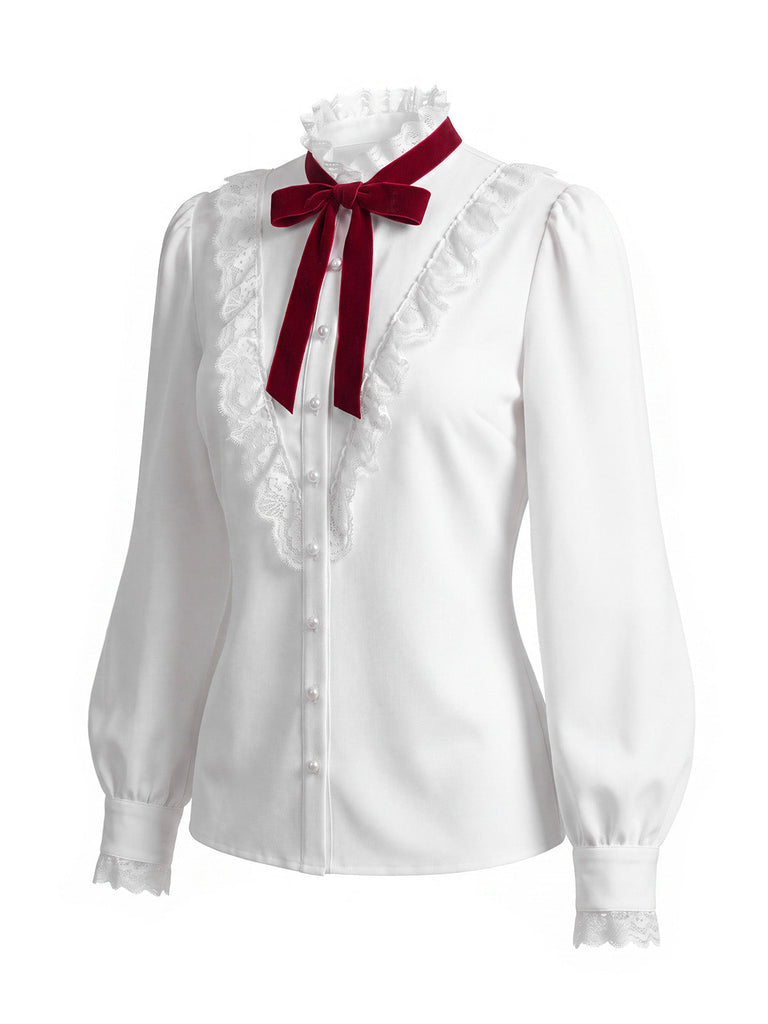 [Prévente] Ensemble 2PCS blouse blanche en dentelle à col volanté et jupe marron plissée à carreaux années 1940