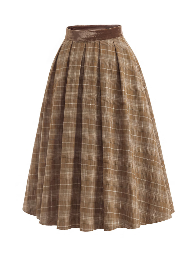 [Prévente] Ensemble 2PCS blouse blanche en dentelle à col volanté et jupe marron plissée à carreaux années 1940