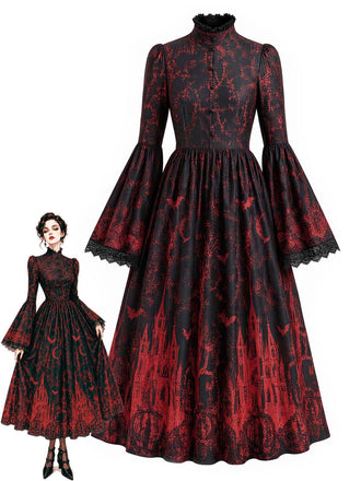 [Prévente] Robe longue gothique à imprimé château et chauves-souris, manches longues années 1960