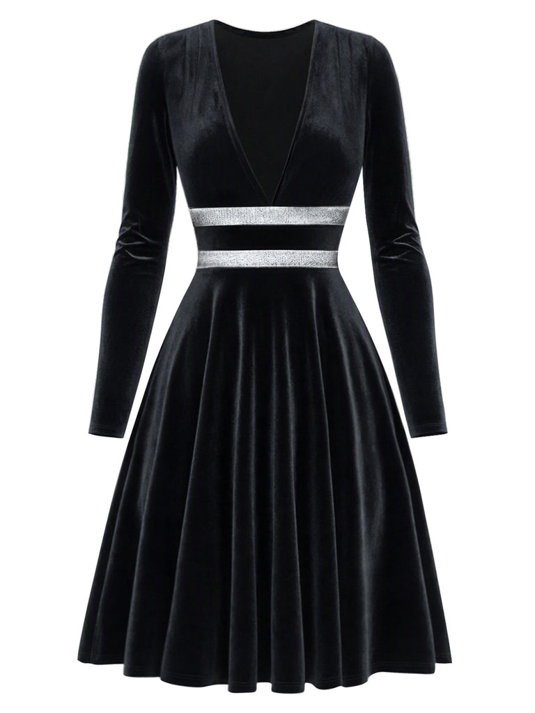 [Prévente] Robe noire en velours à col V et taille argentée années 1980