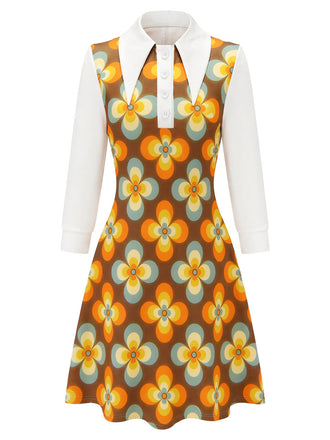 [Prévente] Robe orange à fleurs, grand col pointu et coupe évasée années 1960