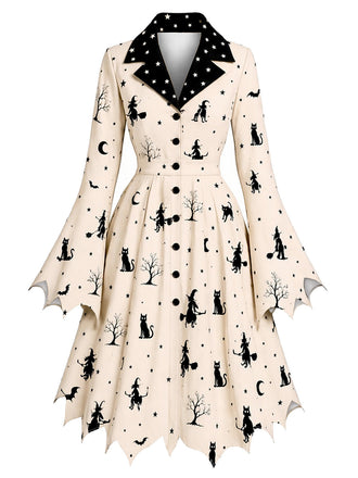 [Prévente] Robe de sorcière noire et blanche d’Halloween à ourlet zigzag années 1950