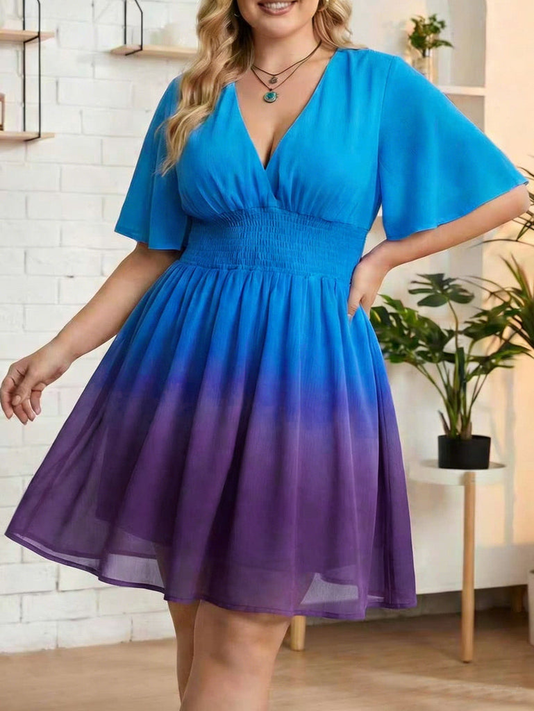[Grande Taille] Robe ombrée en mousseline à col V et smocks années 1950