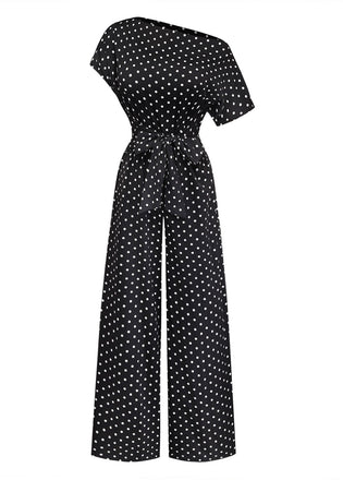 Combinaison noire à pois, épaules dénudées et nœud années 1950