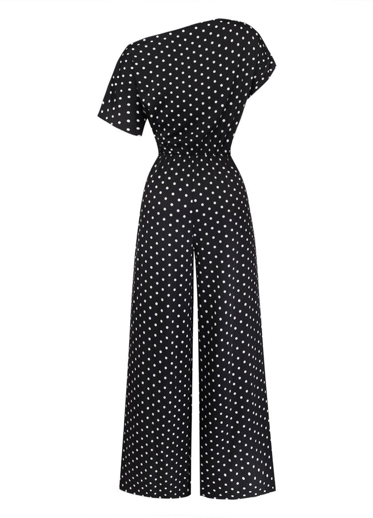 Combinaison noire à pois, épaules dénudées et nœud années 1950