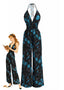Combinaison Noir et Bleu Floral Jambes Larges Années 1970