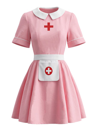 Ensemble robe costume d’infirmière rose à col Claudine années 1970