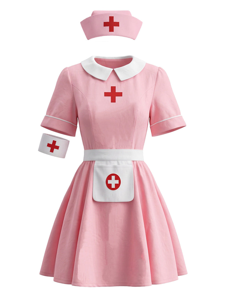 Ensemble robe costume d’infirmière rose à col Claudine années 1970