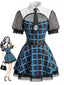 Robe cosplay écolière gothique carreaux bleus et manches résille années 70