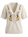 Top Tricoté Floral Brodé avec Lien Devant Beige Années 1940