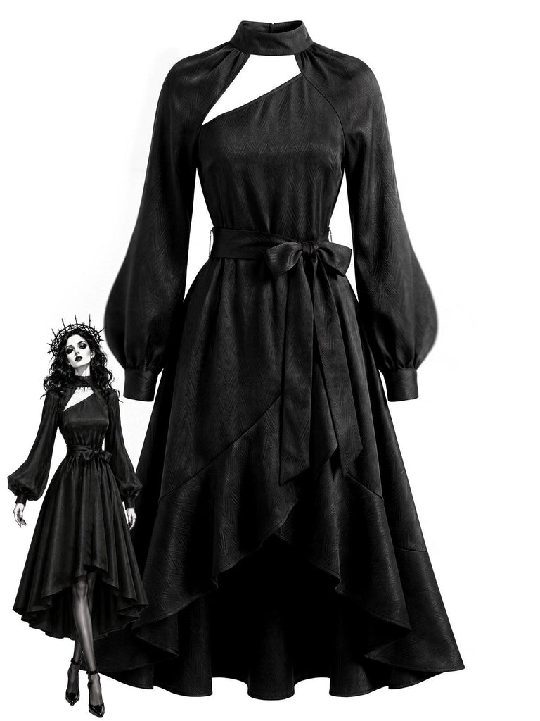 [Prévente] Ensemble 2PCS robe gothique noire asymétrique à nœud avec superposition amovible années 1940