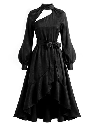 [Prévente] Ensemble 2PCS robe gothique noire asymétrique à nœud avec superposition amovible années 1940