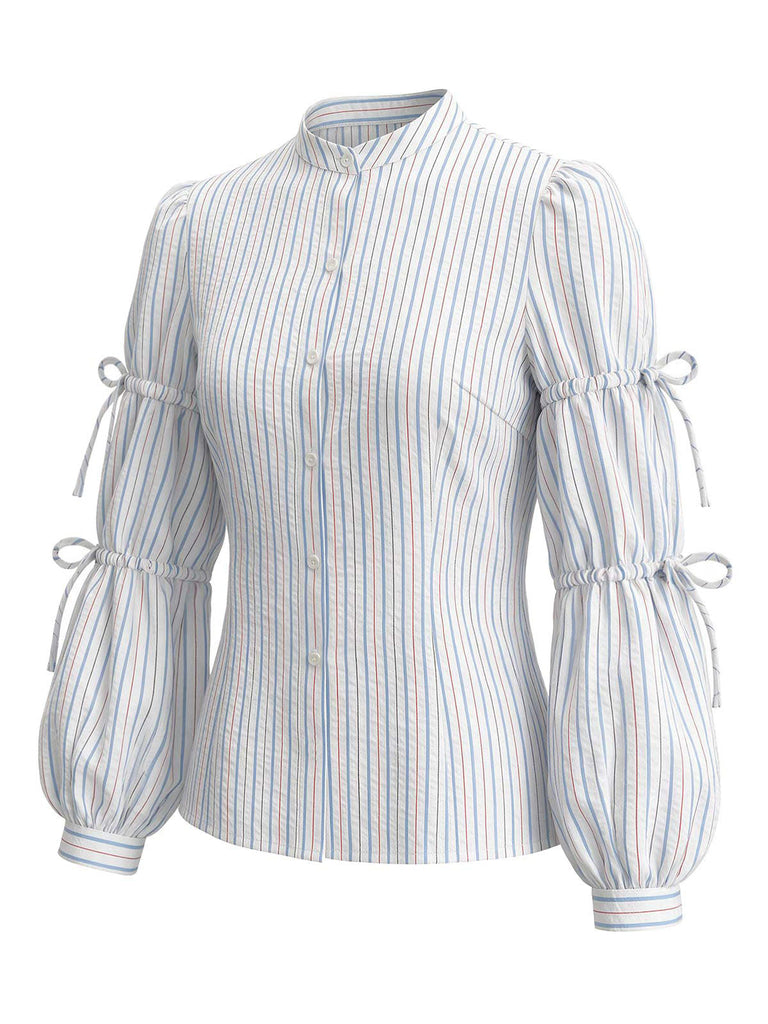 [Prévente] Blouse bleu clair rayée à nœud et manches lanternes années 1940
