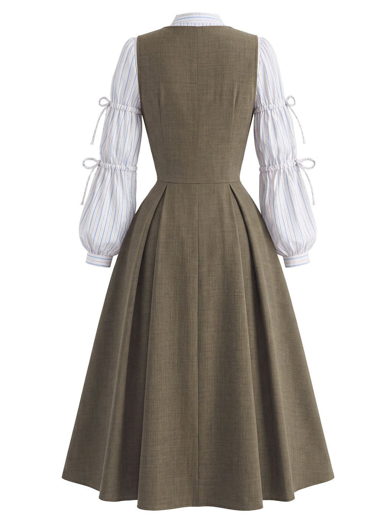 [Prévente] 2PCS Ensemble blouse rayée manches lanterne nouées et robe unie années 1940