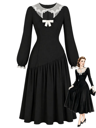 [Prévente] Robe noire à encolure en tulle transparent, fronces et nœud années 1950