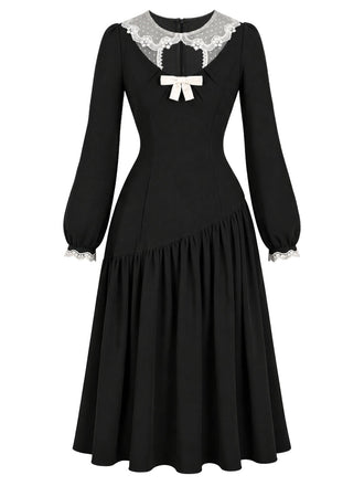 [Prévente] Robe noire à encolure en tulle transparent, fronces et nœud années 1950