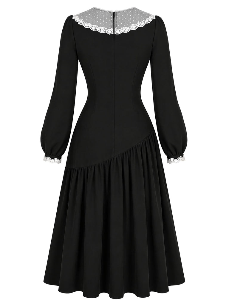 [Prévente] Robe noire à encolure en tulle transparent, fronces et nœud années 1950