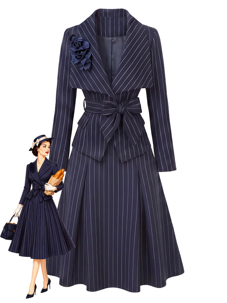 [Prévente] Ensemble 2PCS blouse bleue rayée à col V et ceinture avec jupe années 1960
