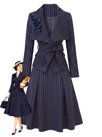 [Prévente] Ensemble 2PCS blouse bleue rayée à col V et ceinture avec jupe années 1960