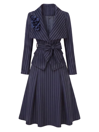[Prévente] Ensemble 2PCS blouse bleue rayée à col V et ceinture avec jupe années 1960