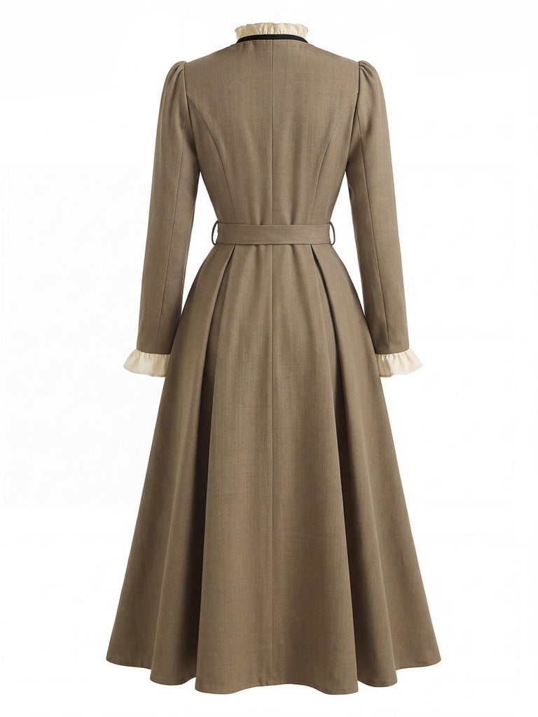 [Prévente] Robe marron effet deux pièces à col volanté années 1940