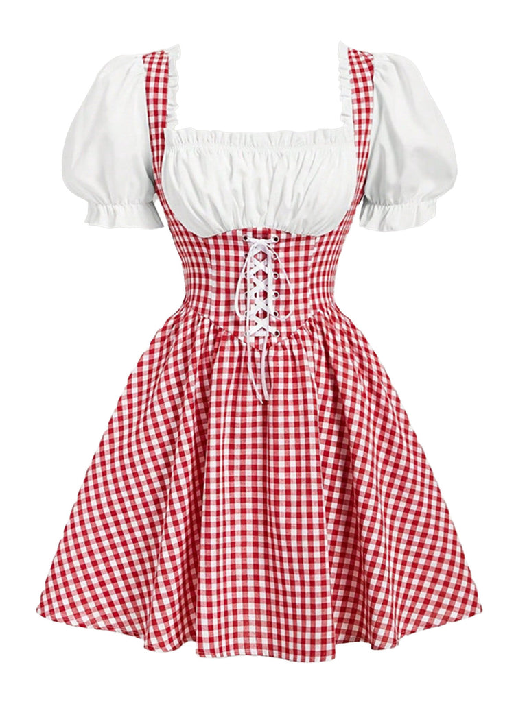Robe rouge et blanche à carreaux vichy, laçage, manches bouffantes et fronces années 1950