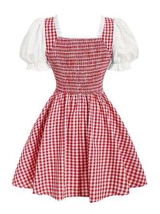 Robe rouge et blanche à carreaux vichy, laçage, manches bouffantes et fronces années 1950