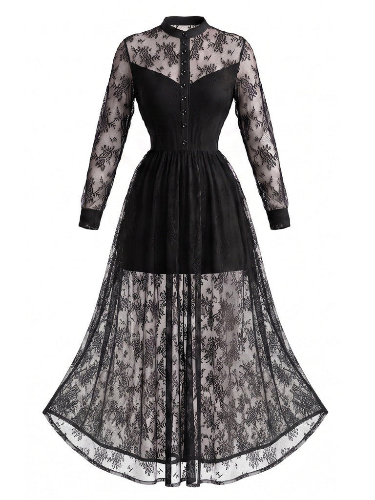 Robe longue gothique noire en dentelle florale à col montant années 1970