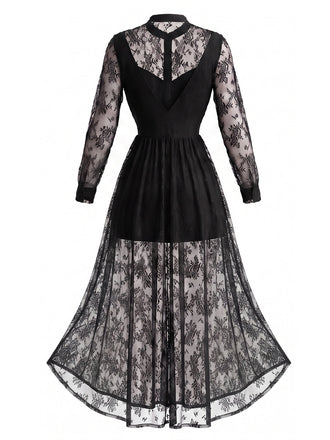 Robe longue gothique noire en dentelle florale à col montant années 1970
