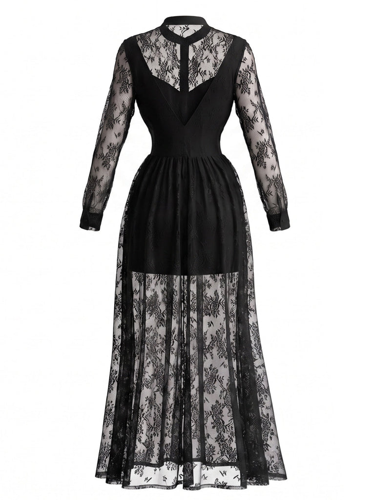 Robe longue gothique noire en dentelle florale à col montant années 1970