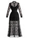 Robe longue gothique noire en dentelle florale à col montant années 1970