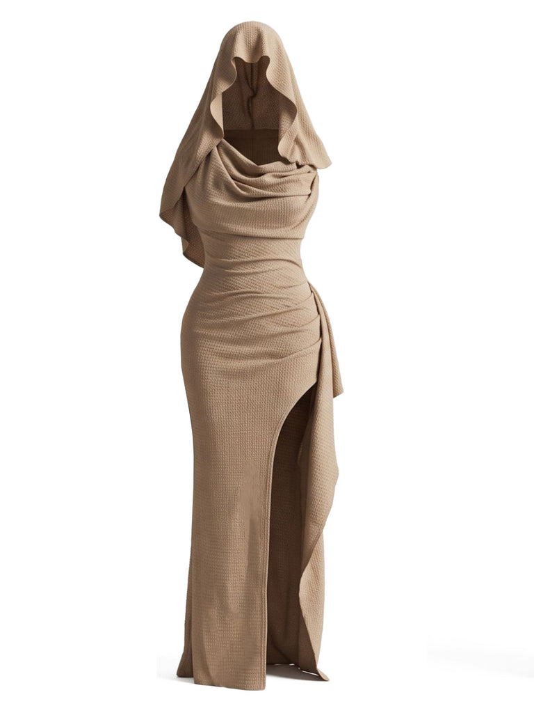 Robe longue kaki à capuche, col drapé, fronces et fente haute années 1970