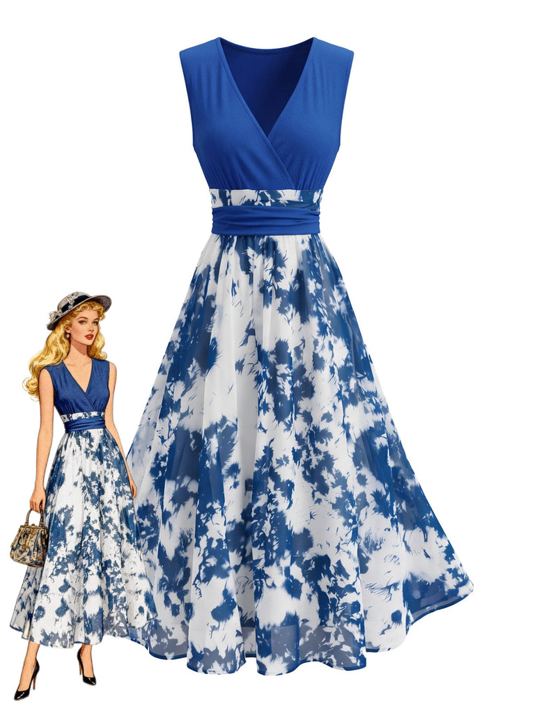 Robe évasée bleue à imprimé floral et col V plongeant années 1950