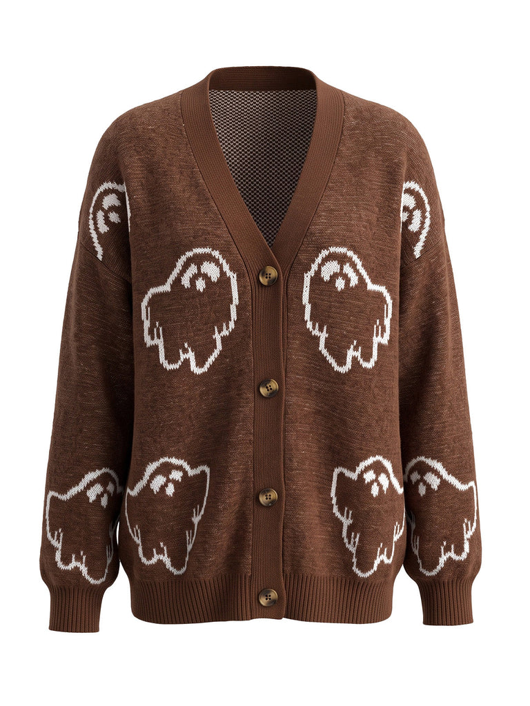 Cardigan d’Halloween en maille boutonnée à motif fantômes années 1970