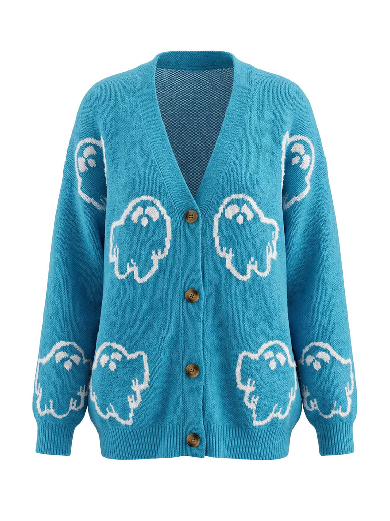 Cardigan d’Halloween en maille boutonnée à motif fantômes années 1970