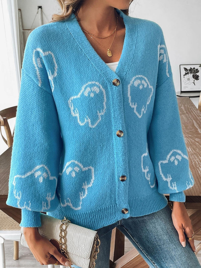 Cardigan d’Halloween en maille boutonnée à motif fantômes années 1970